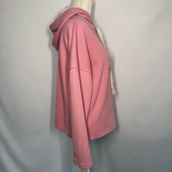 LoveBug Boutique Women's Ribbed Pink Hoodie with Lace Cream Drawstrings - Picture 5 of 9